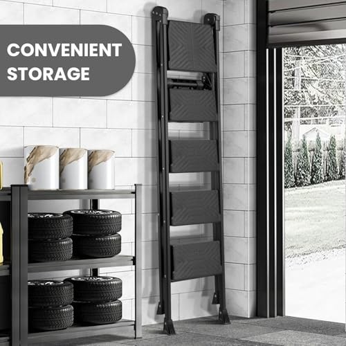 5 Step Ladder, Foldable Handrail & Tool Tray Stool Ladders with 5 step Black