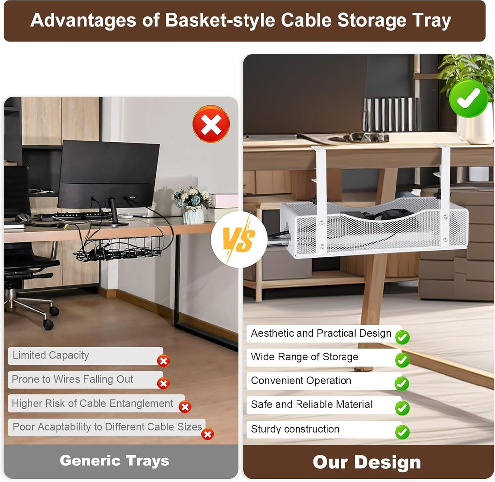Extra Wide under Desk Cable Management - No Drill Installation Cable Management