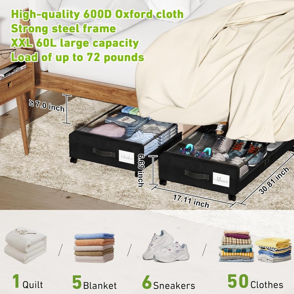 Under Bed Storage W/ Wheels 2-Pack Under the Bed Storage Containers W/ Clear