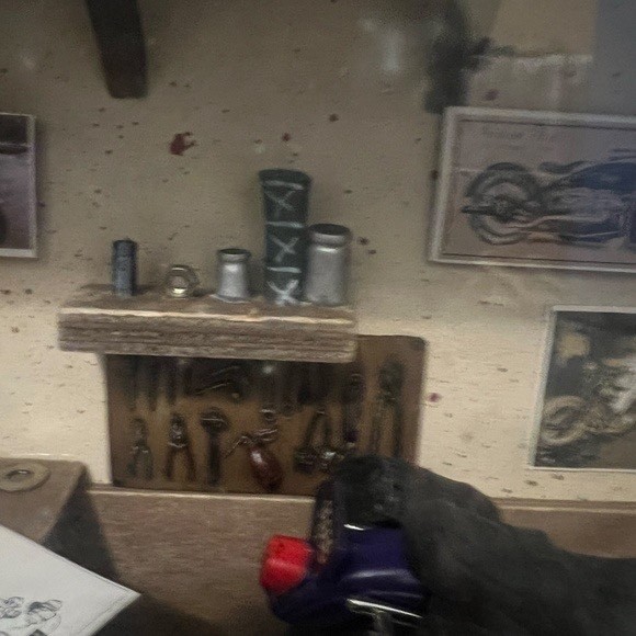 Vintage Motorcycle Garage Shop Diorama Shadow Box.