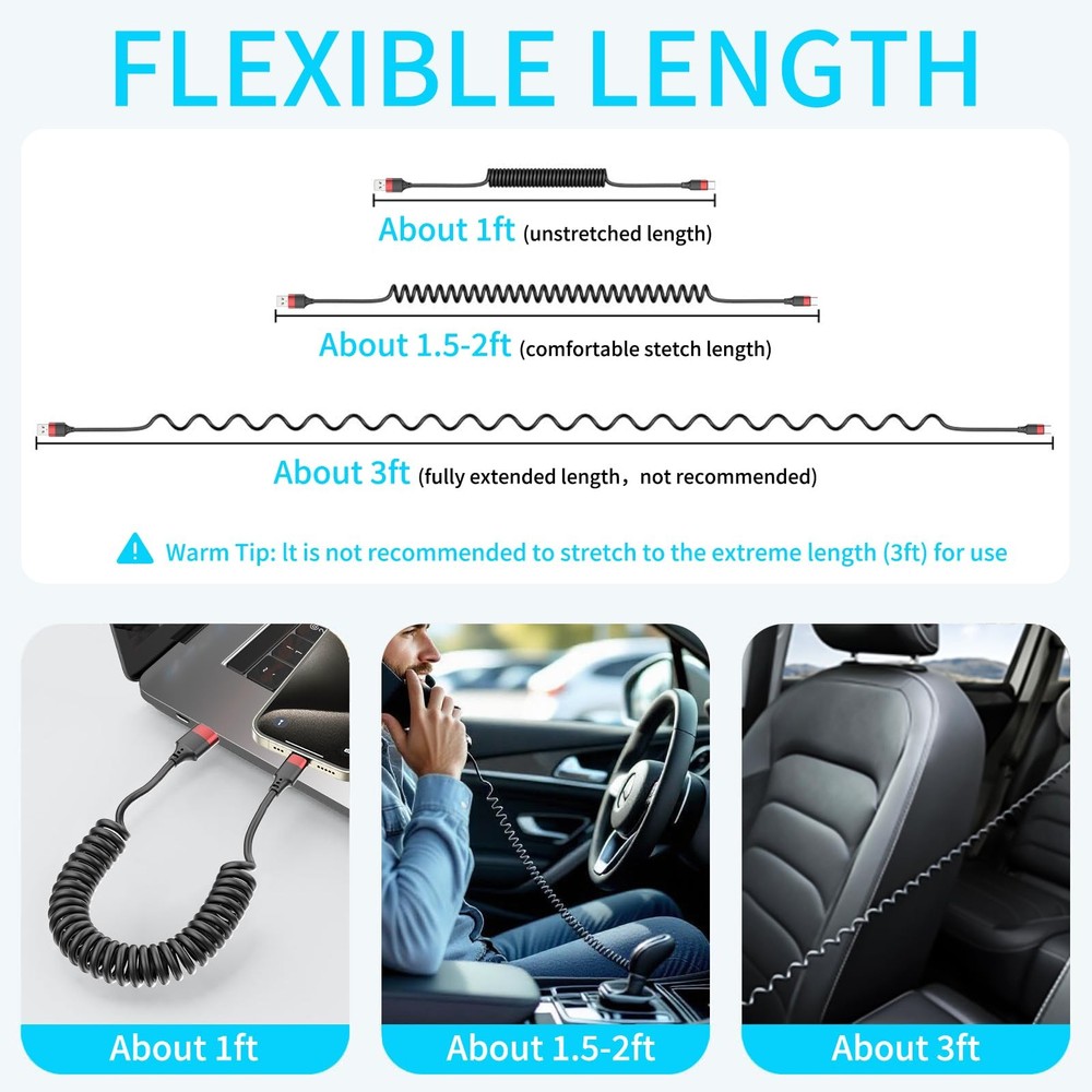 Coiled USB C Cable for Car, 2 Pack Type C Fast 3 FT, Black