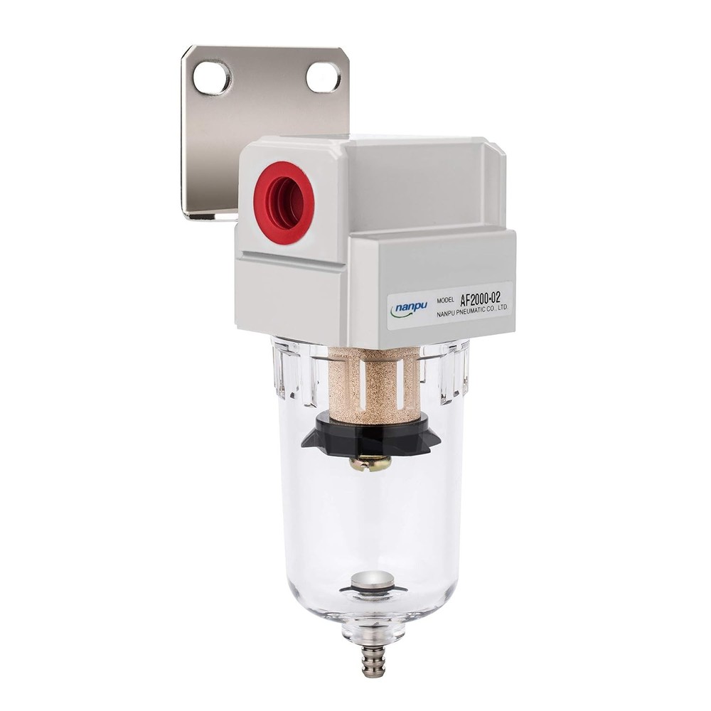 1/4" NPT Compressed Air Line Filter, 5 Micron Brass Element, Bracket, Poly Bo...