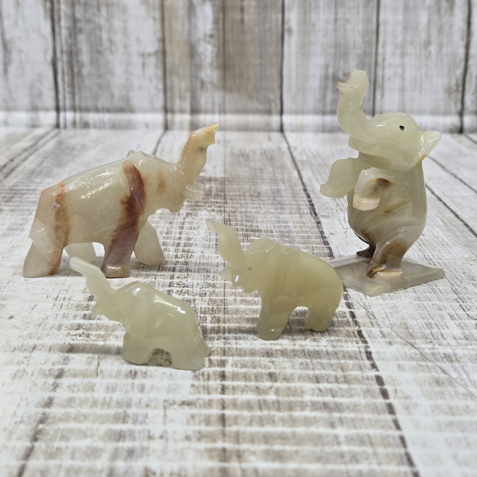 Lot Of 4 Vintage Hand Carved Marble/ White Onyx Quartz Stone Elephants