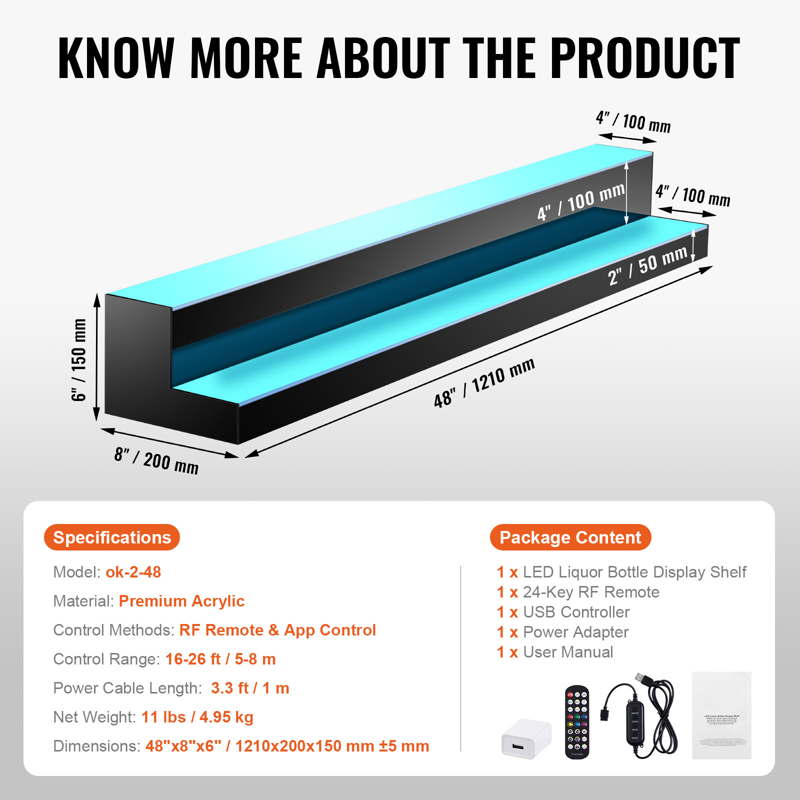 48" 2-Step LED Lighted Liquor Bottle Display Bar Shelf RF& App Control