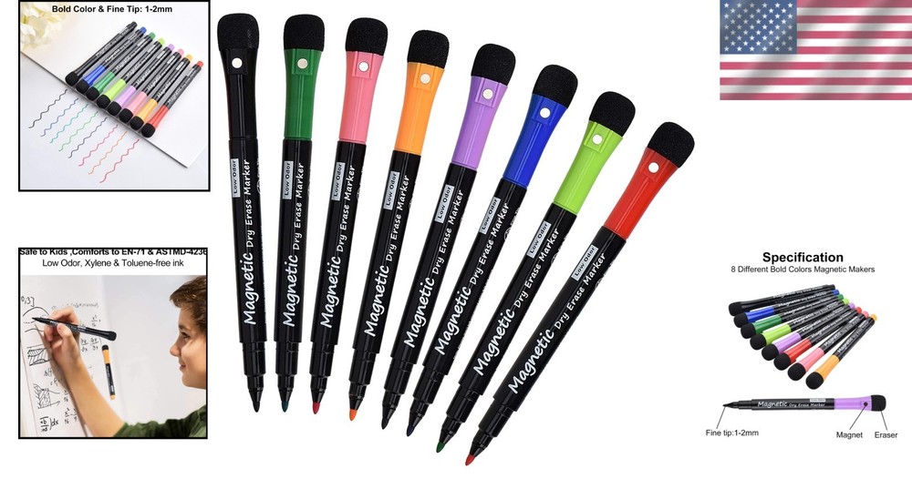 8 Pack Low Odor Whiteboard Markers with Erasers - Ideal for Classroom Fun