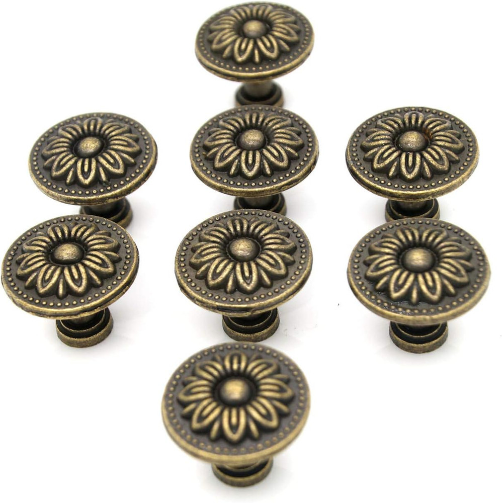 8 PCs Vintage Antique Brass Knobs Handles Pulls with Flower Pattern for Cabinet