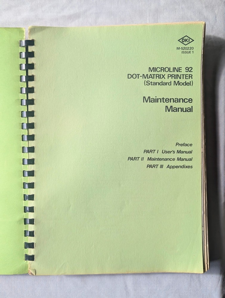 Vintage OKI Microline 92 Dot-Matric Printer Maintenance Manual (Standard Model)