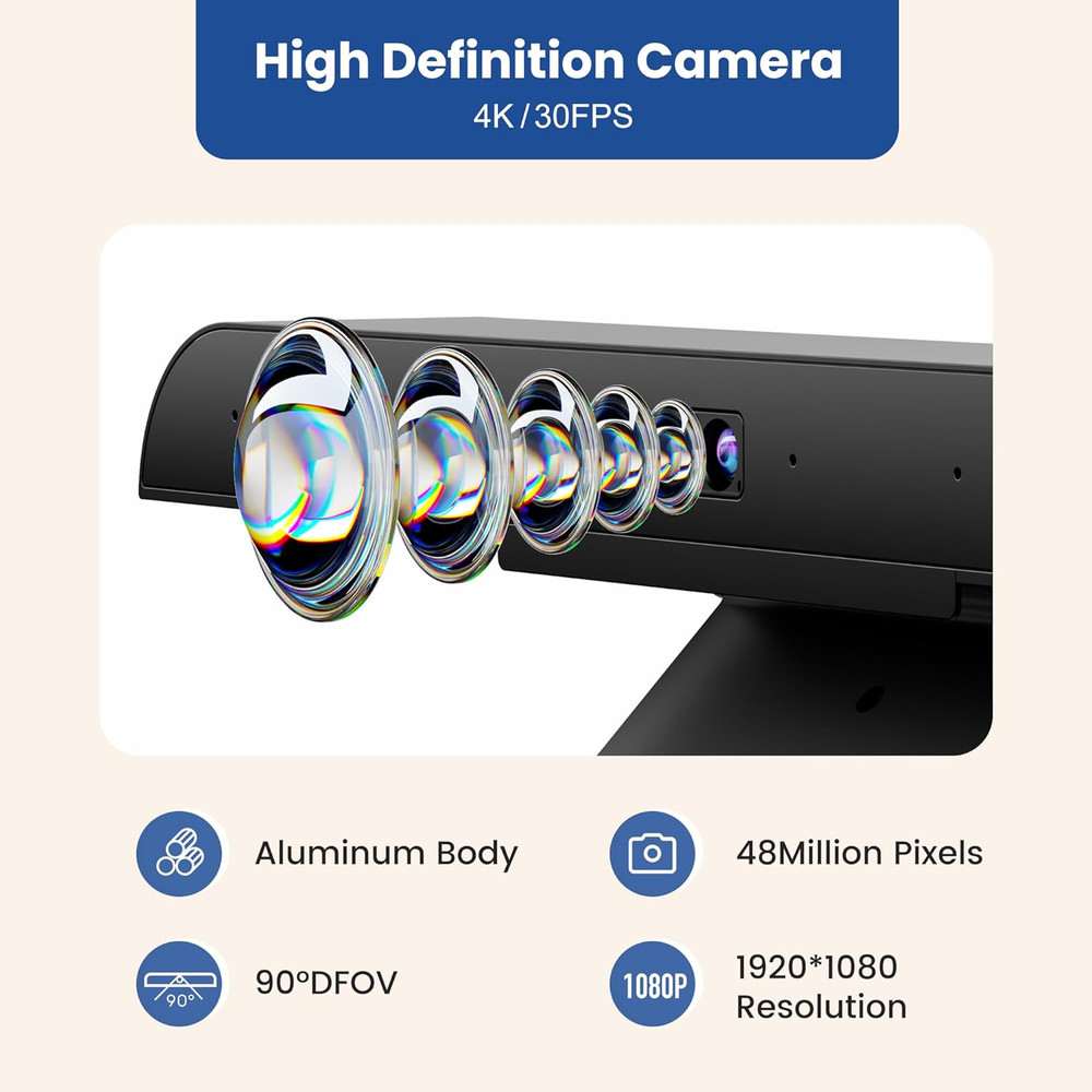 USB Video Conference Camera 90° Wide Angle, Microphone, Speaker, Auto Framing, P