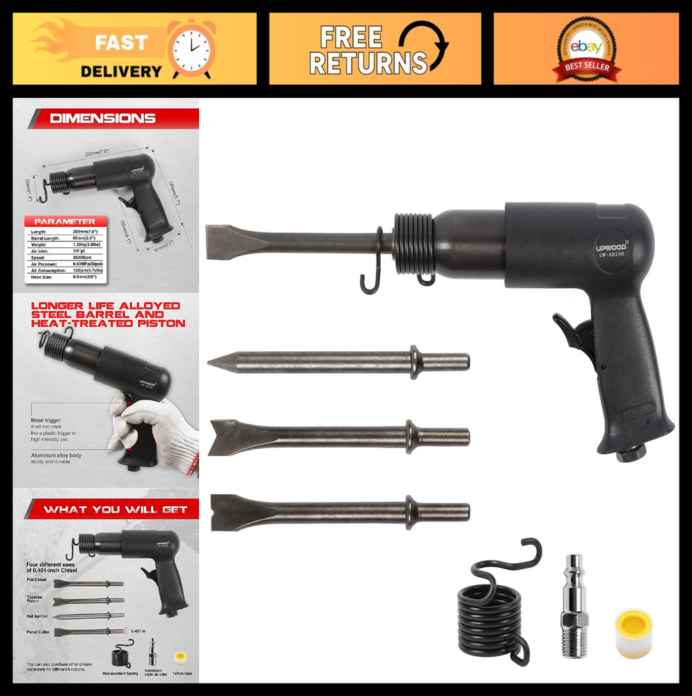 Medium Barrel Air Hammer Kit - Quick Change Retainer, 4 Chisels, 2-5/8" Stroke,