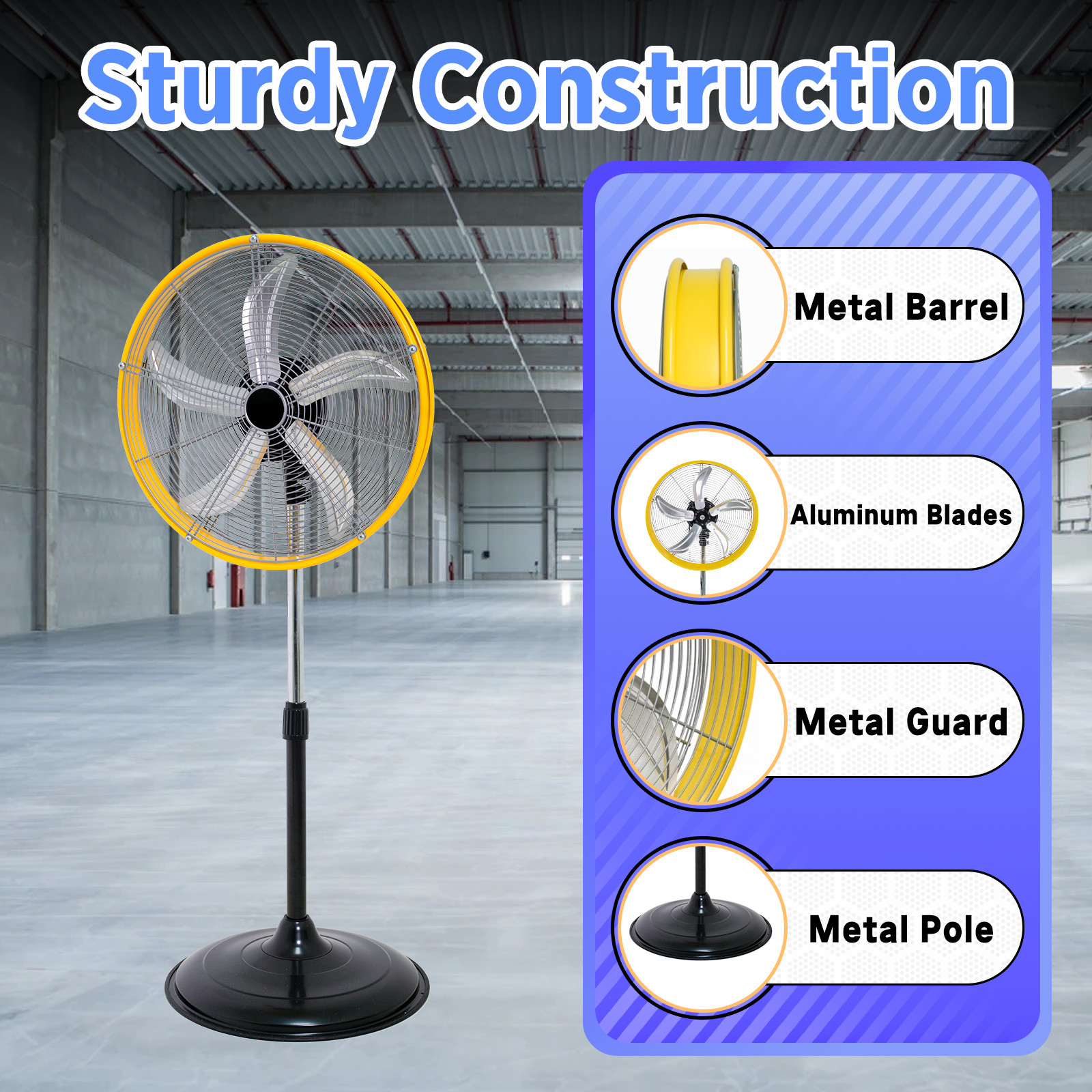 4900 CFM 20" Industrial Pedestal Fan, 3-Speed Oscillating with Drum Head
