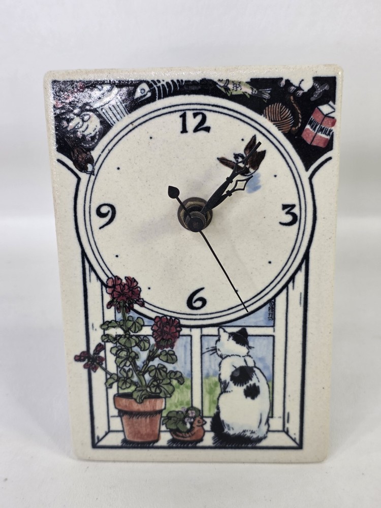 Vintage 1994 Santa Barbara Ceramic Design Cat Theme Clock Hinged Back Works