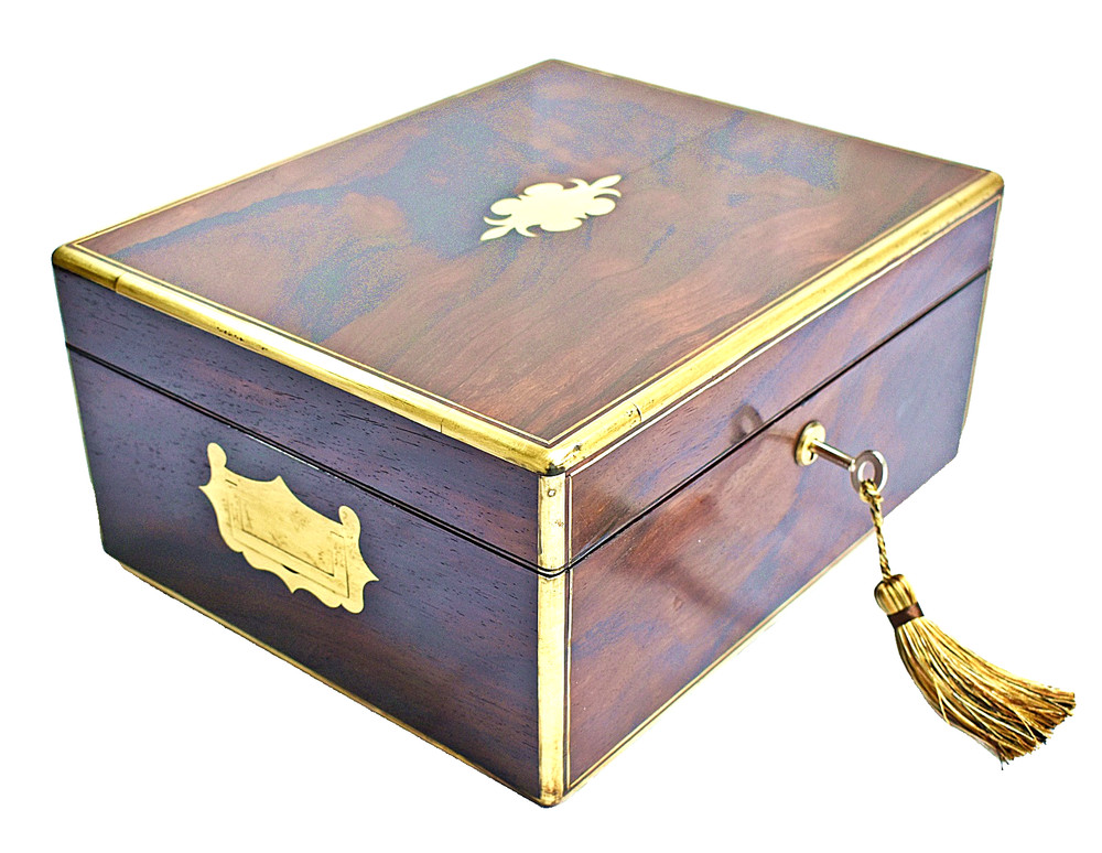 Late Georgian Dressing Box containing Silver plated Jars & Containers + Key