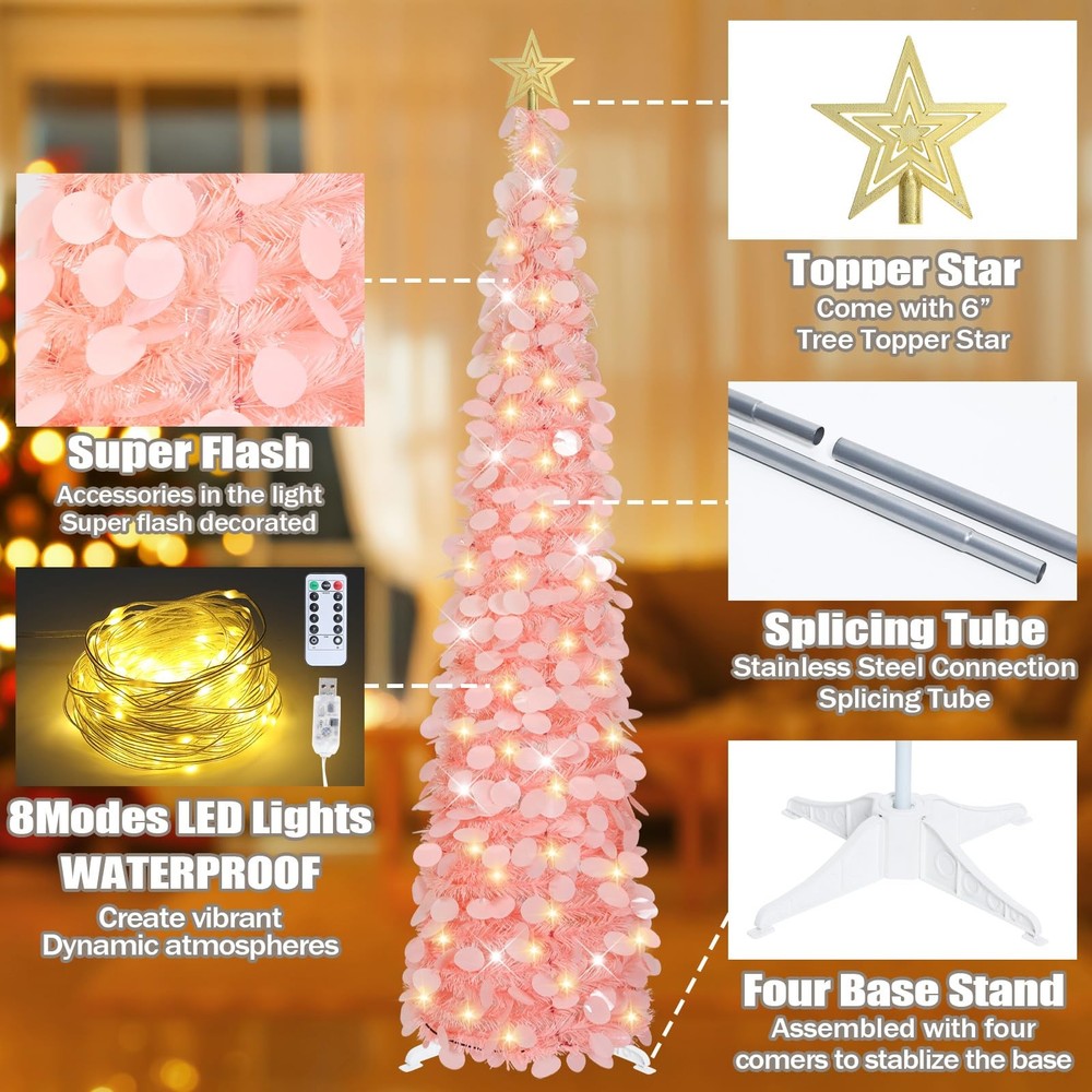 6 FT Pop Up Christmas Tree with 100 Timer Lights & Remote, Pink Collapsible C...