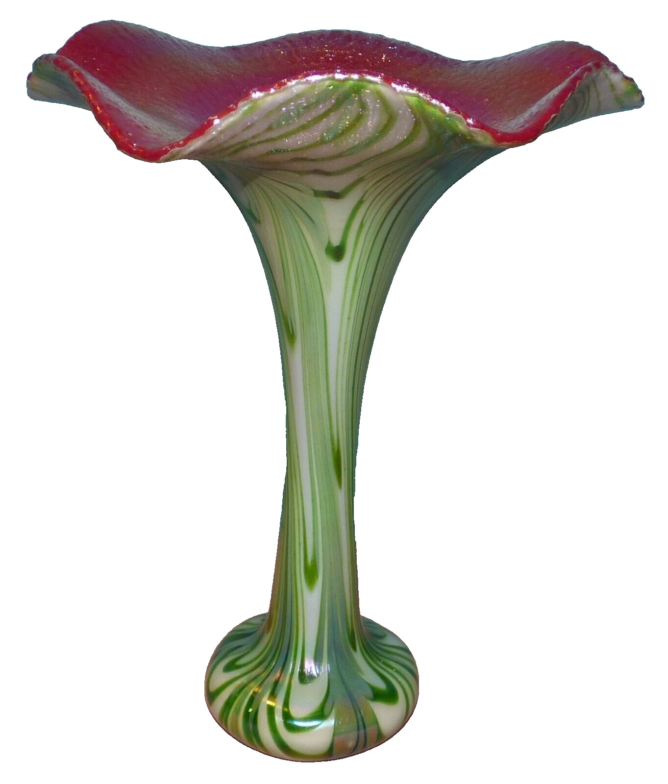 Charles Lotton Aventurine Art Glass Vase 2009 White/Green Pulled Feather 12 1/4"