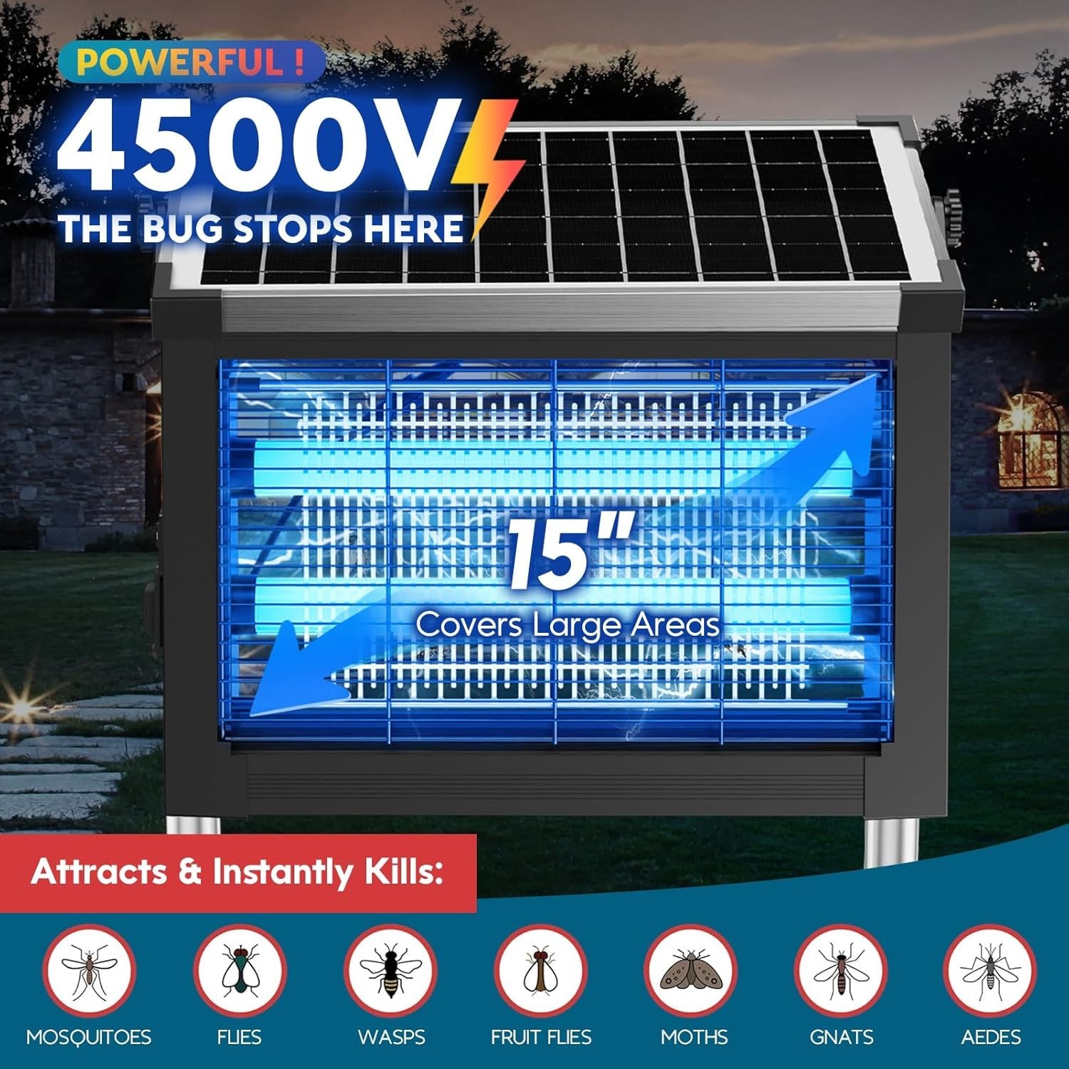 Solar Bug Zapper Outdoor Mosquito Zapper 4500V Waterproof Rechargeable Fly Zappe