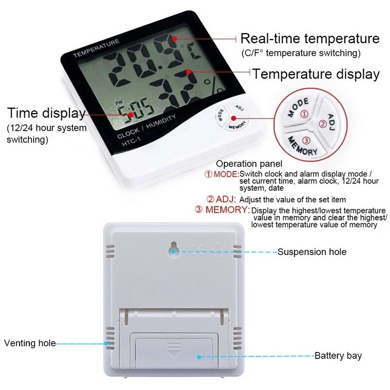 2 Packs Digital LCD Hygrometer Thermometer Humidity Temperature Alarm Clock