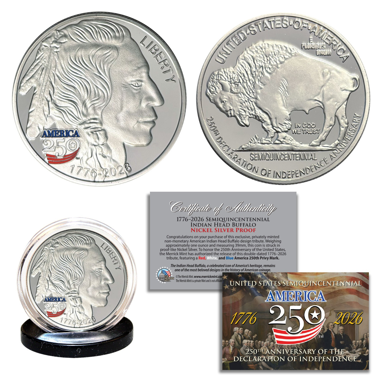 1776-2026 America 250 INDIAN HEAD BUFFALO Nickel-Silver Proof Tribute 1 OZ Coin