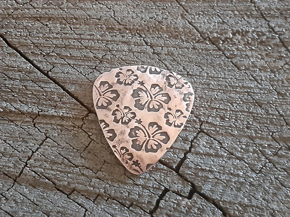 rustic copper guitar pick - playable and handmade - hibiscus