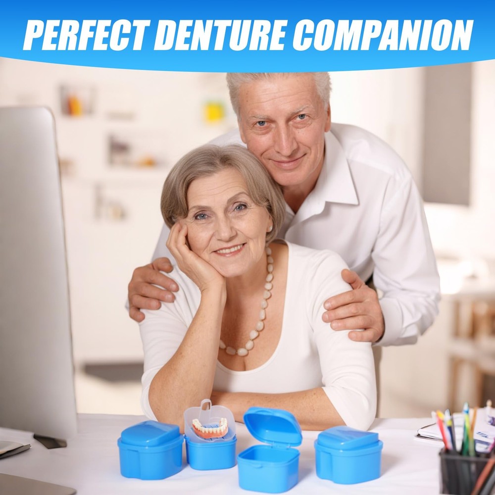 Nuogo 12 Pack Denture Bath Case Bulk with Strainer Basket Dark blue