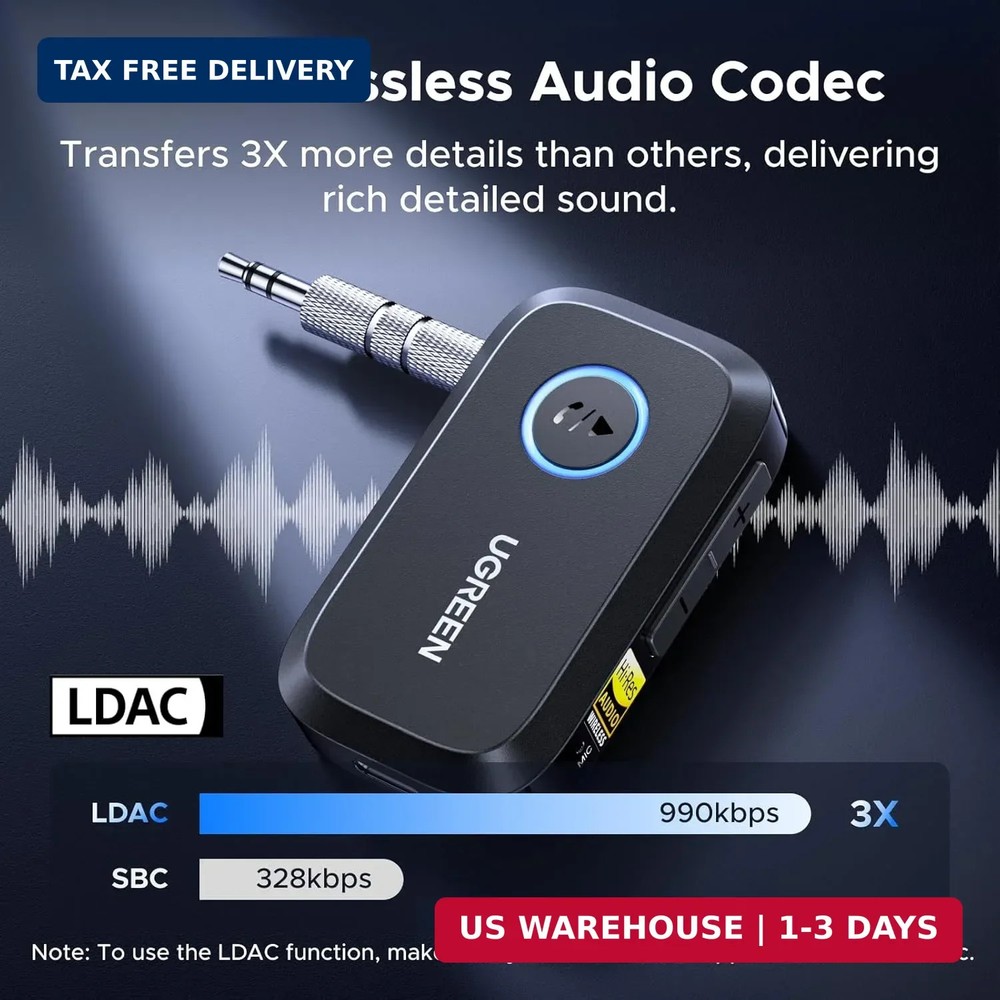 UGREEN Bluetooth 6.0 Receiver for Car with LDAC, AI Noise Cancelling 3.5mm AUX B
