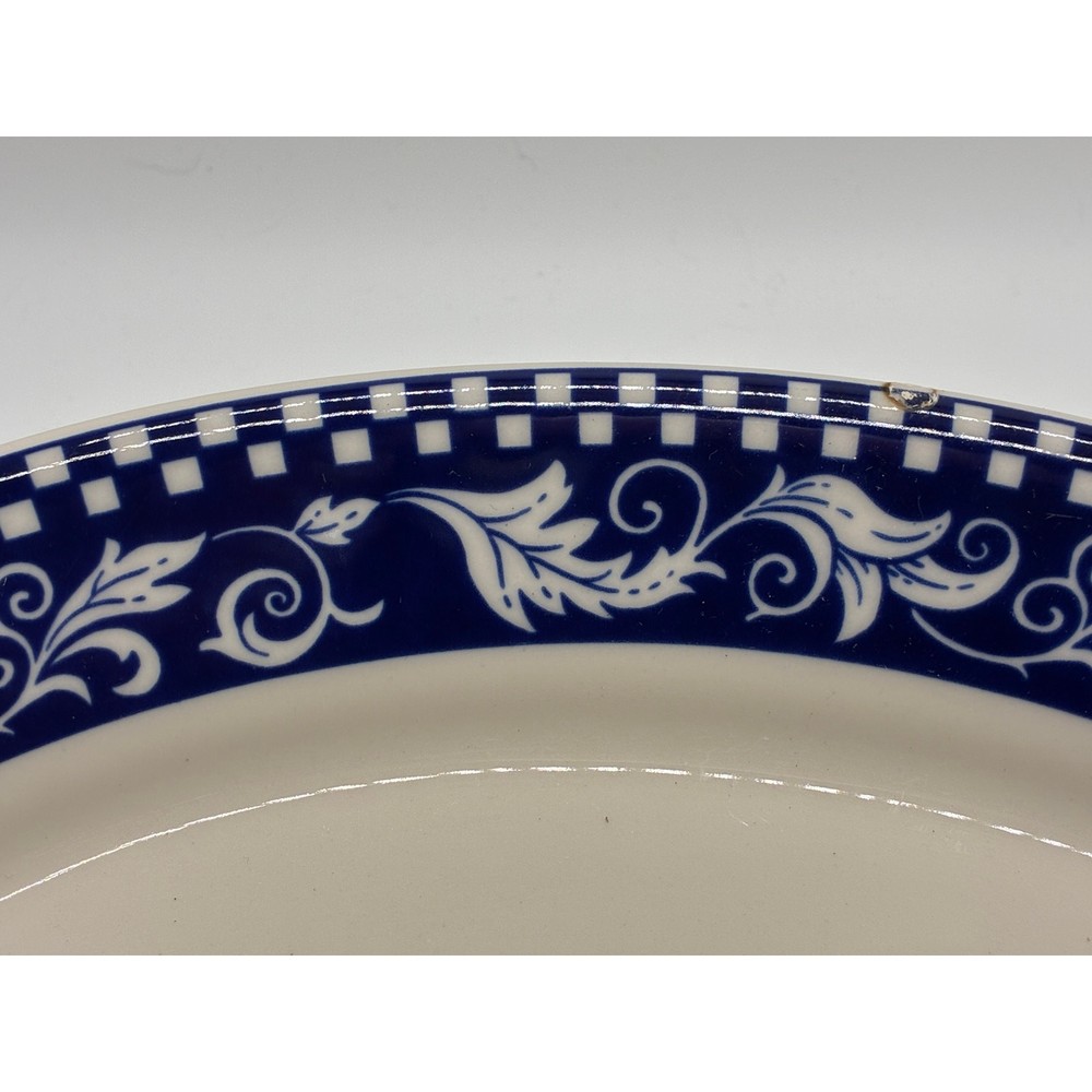 Homer Laughlin China Oval Serving Platter Blue Checker & Leaf Pattern 13.25"x 9"