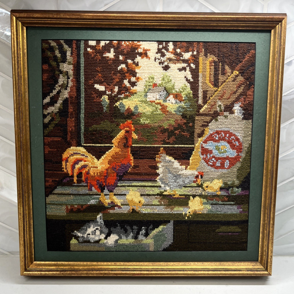 Needlepoint Art Framed Chickens Kitten Barn Feed Sack Landscape