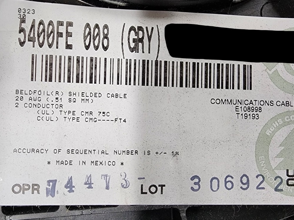 Belden Wire 5400FE 20/2C Shielded Audio/Security/Alarm Cable Riser Gray /100ft