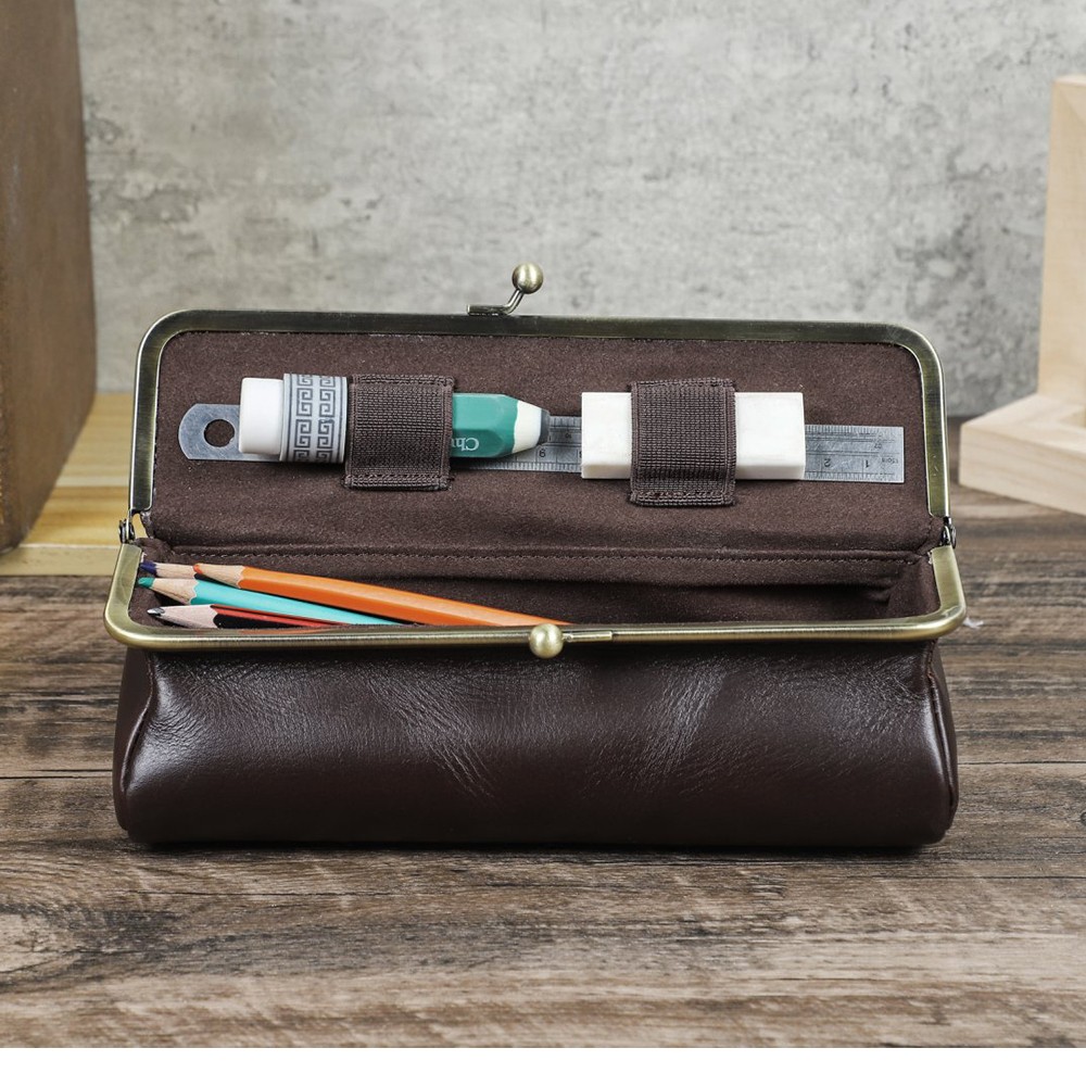 Genuine Leather Pencil Case Large Capacity Multifunction Stationery Storage Bag