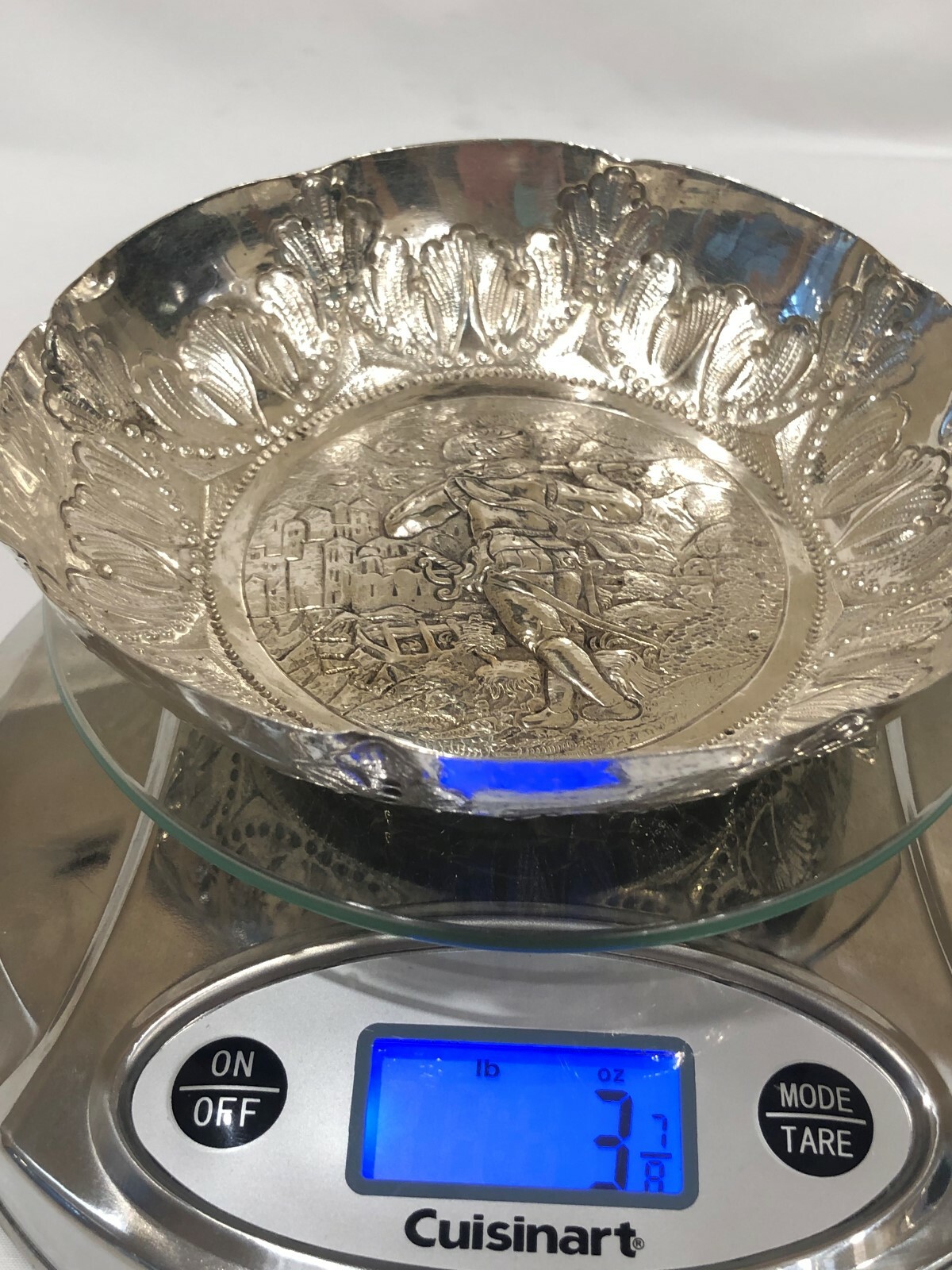 Hanau Sterling Silver Folk Scene of Piper Bowl/Wine Taster Germany c. 1900