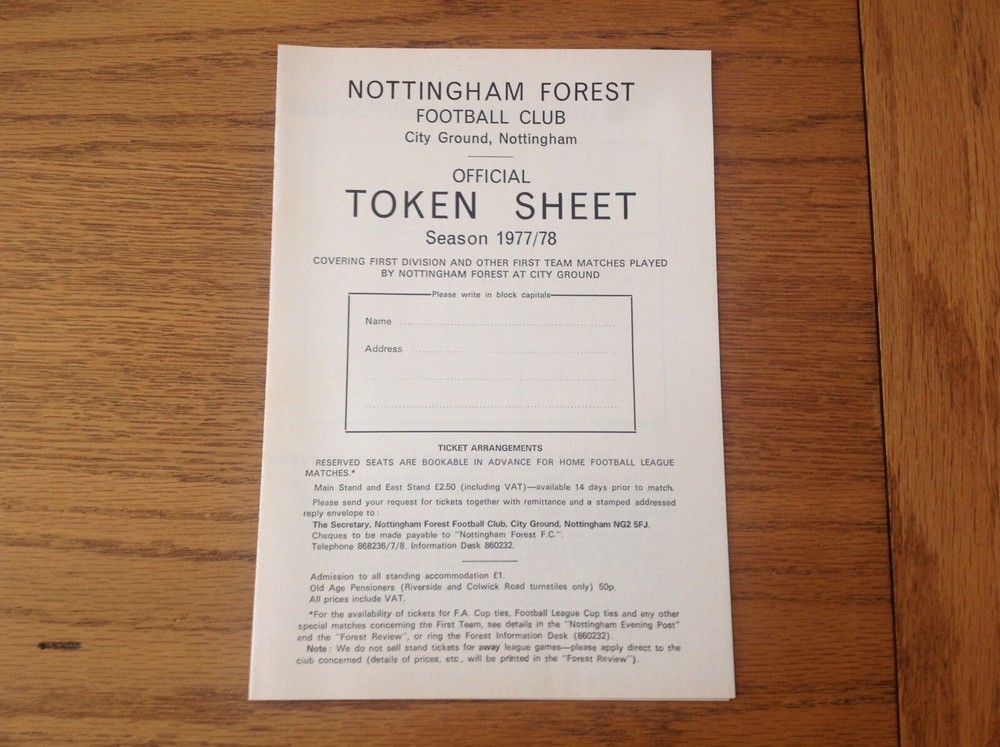 1977/1978 Nottingham Forest: Official Token Sheet (un-used)