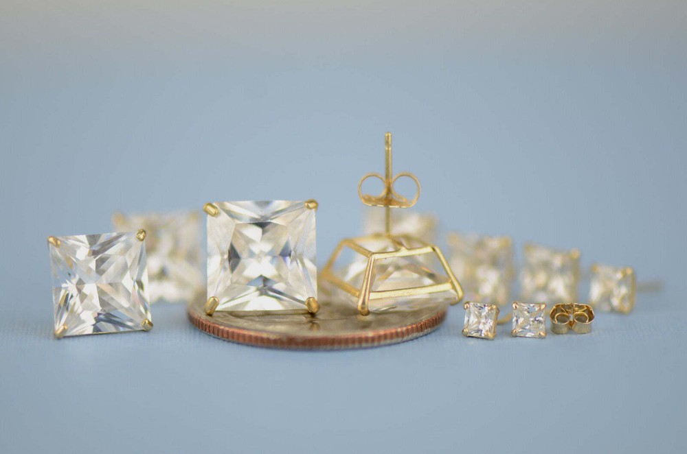 14k solid yellow gold square clear CZ basket set stud earrings 3mm-10mm