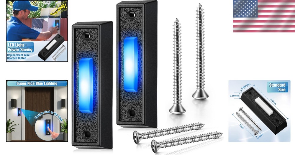 Energy-Efficient Lighted Doorbell Button - Wall Mount, Blue LED, 2 Pack