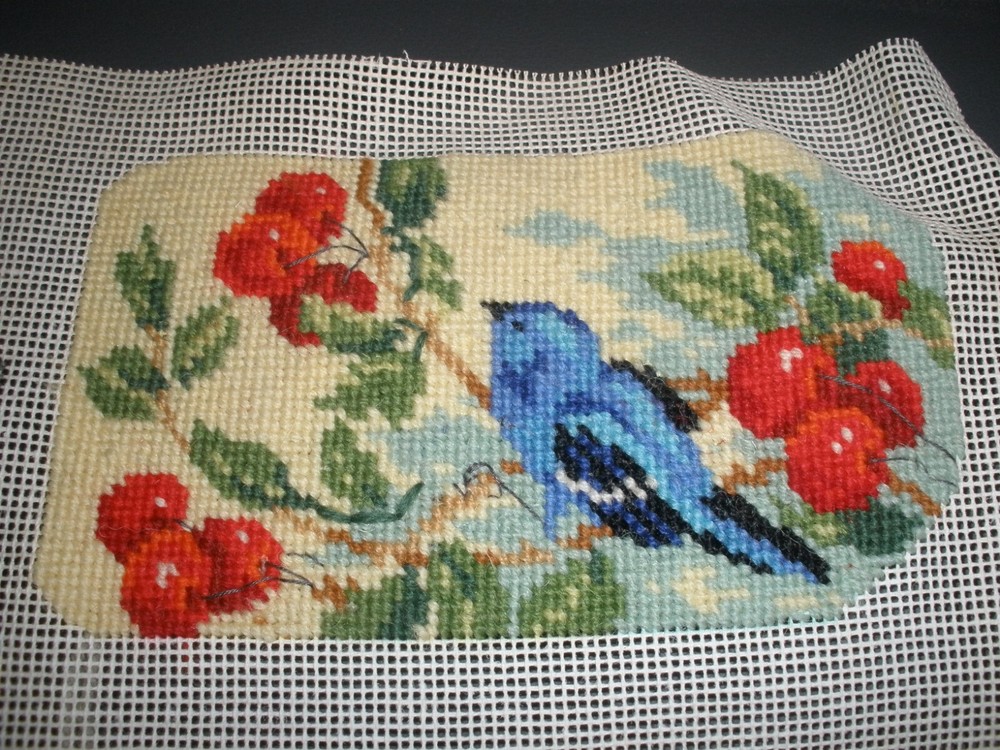 Finished Plastic Canvas Piece Cherries & Bluebird 7" x 4" each