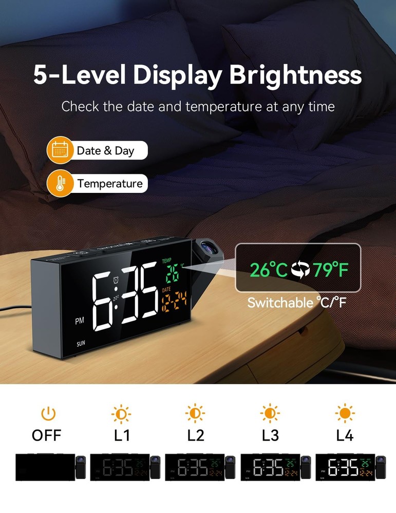 Netzu Projection Clock for Bedroom 180 Rotatable Projector Alarm Clock