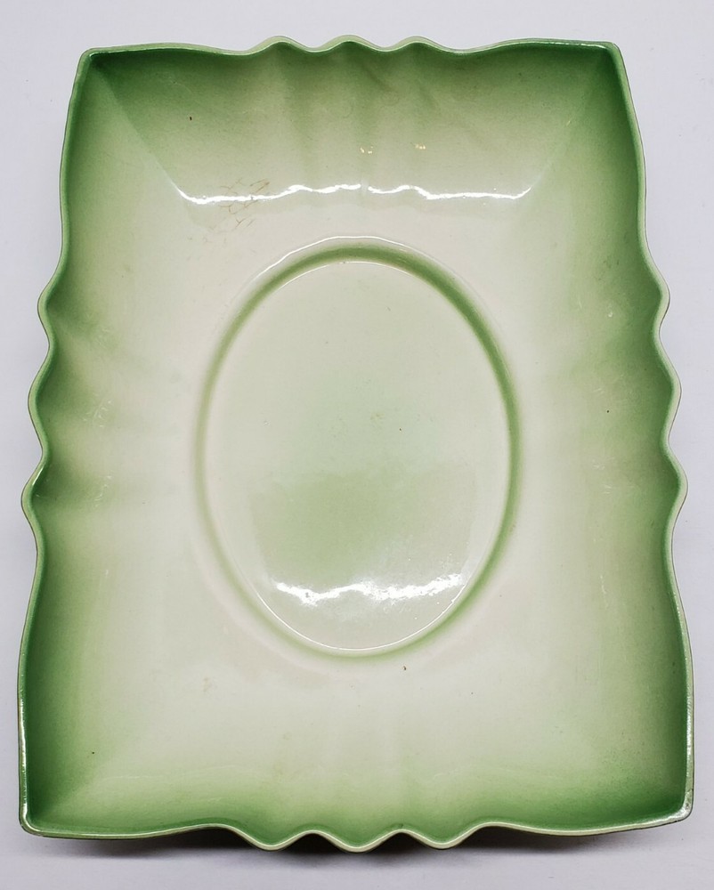 Vtg Retro Cucumber Green Scalloped Ceramic Flower Bulb Planter Dish Rectangular