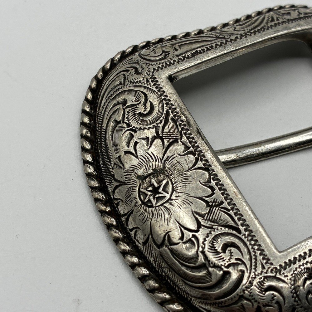 Vintage Western Silverplate Belt Buckle Engraved Floral Scroll Cowboy Rope Edge