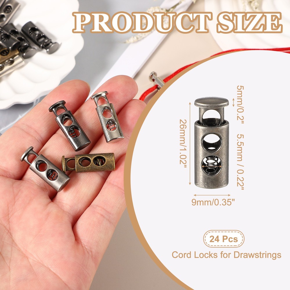 Metal Cord Locks, Double Hole Draw String Spring Stopper 24 Pcs & Silver Tone