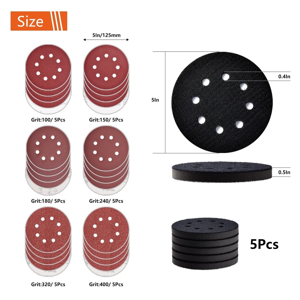 5 Pcs 5 inch 8 Holes Hook and Loop Backing Sponge Pad Soft Density Interface ...