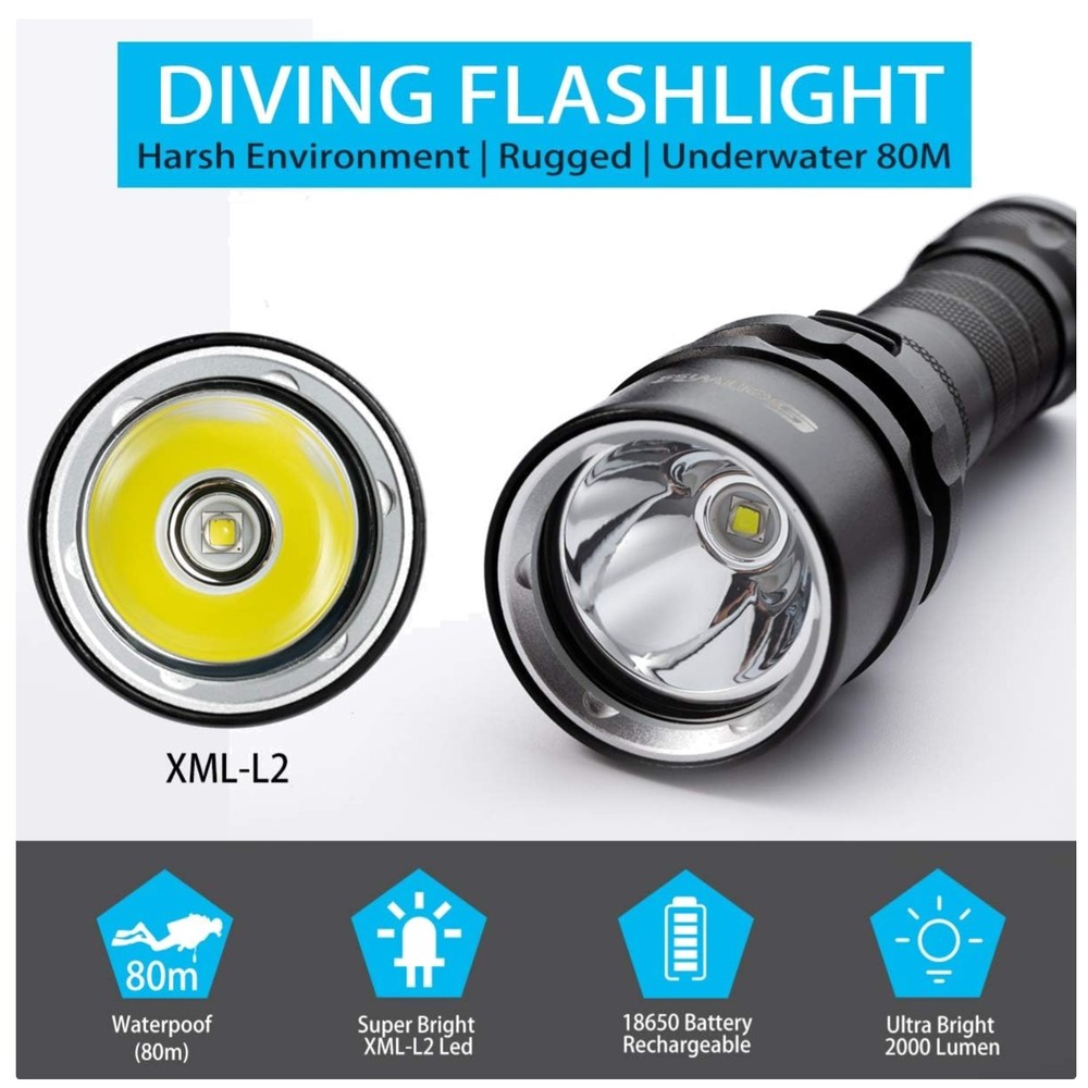 2000 Lumen Scuba Diving Flashlight - Waterproof LED Torch