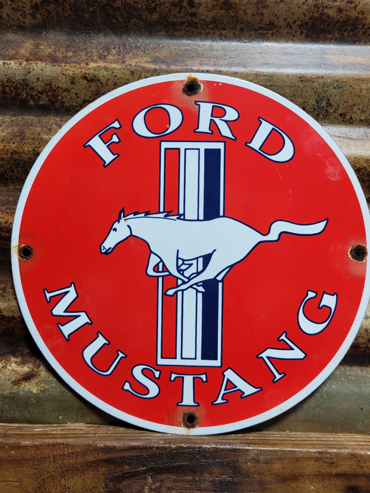 VINTAGE FORD MUSTANG PORCELAIN SIGN OLD FOMOCO MOTOR SERVICE AUTO PARTS HORSE