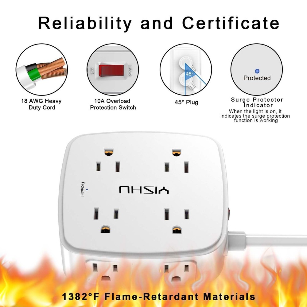 6FT Surge Protector Power Strip - 8 Outlets, 4 USB, Flat Plug, Wall Mountable