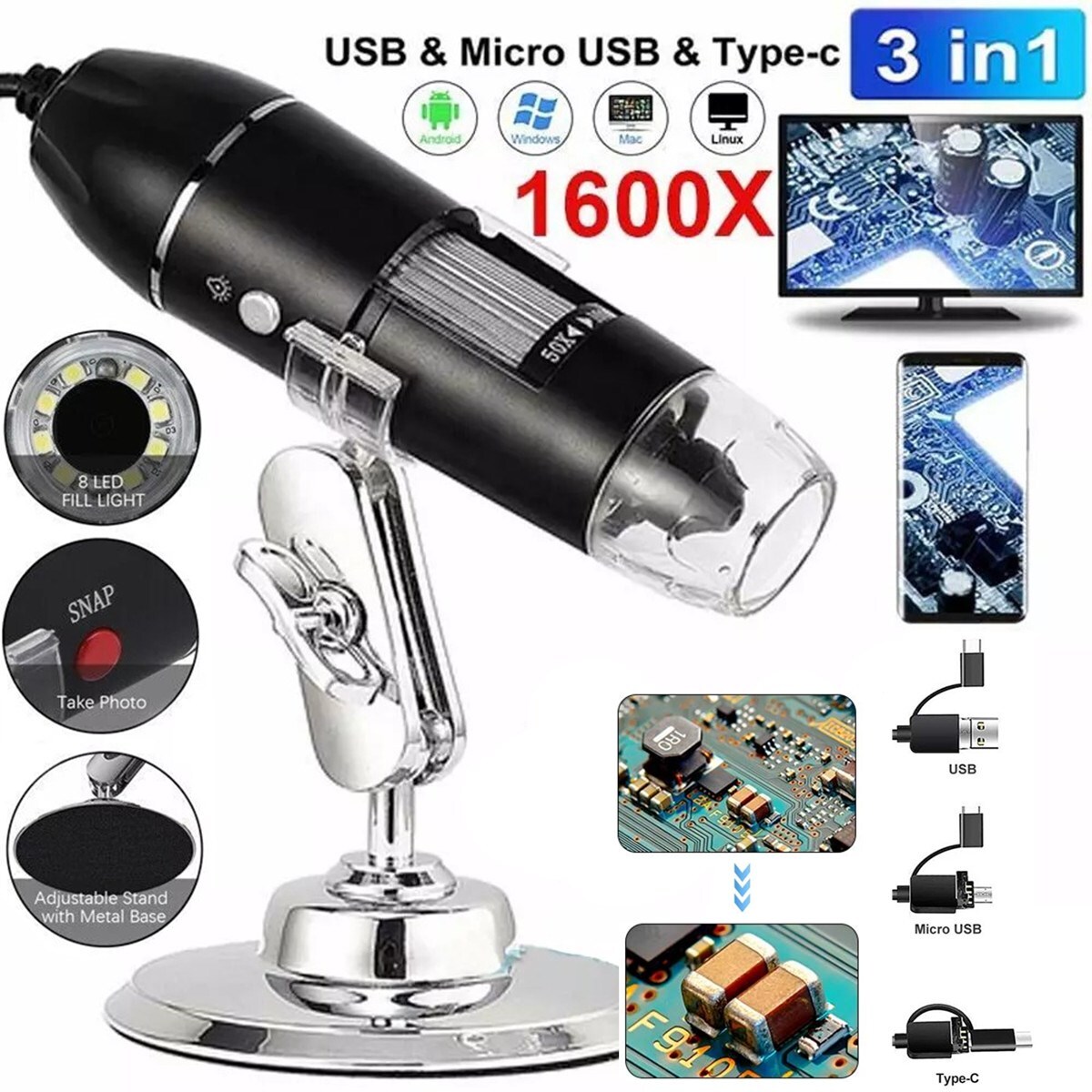 1600x Zoom 8 LED HD USB Microscope Digital Magnifier Endoscope Video Camera US