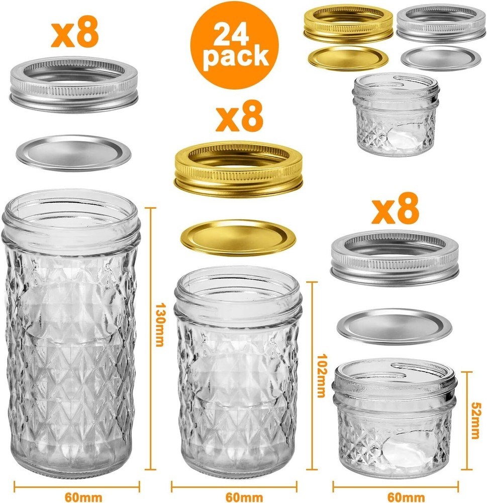 24 Pack Mason Jars with Lids 4,8,12oz Jars