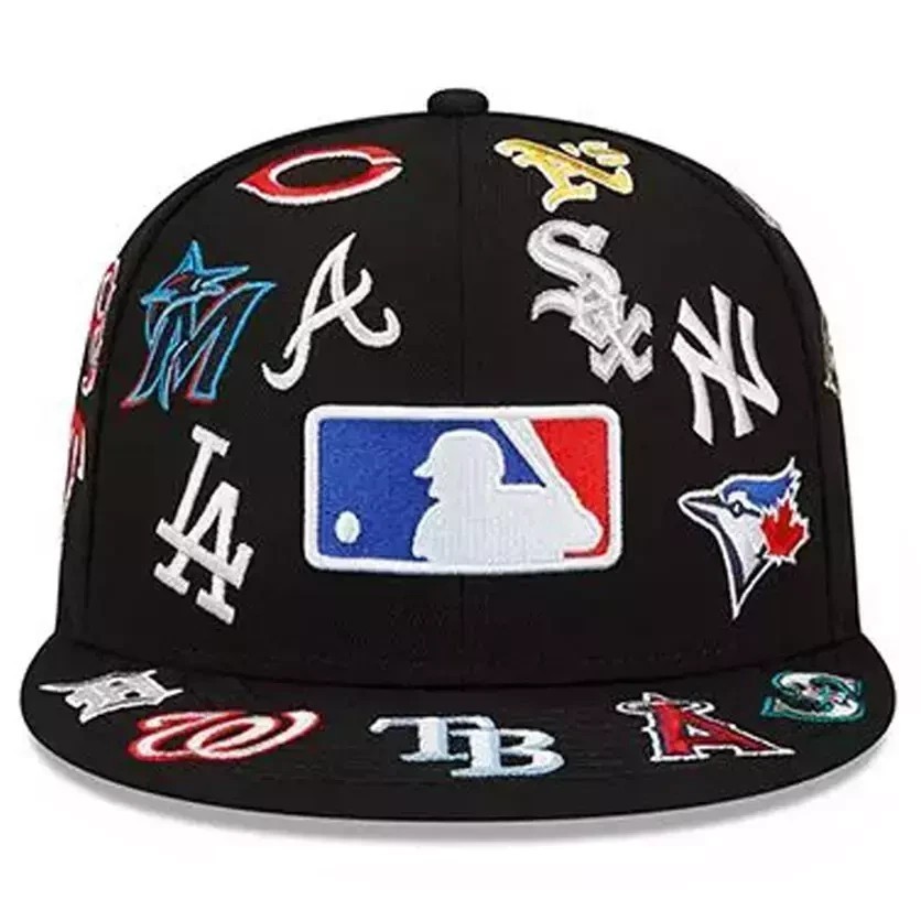 MLB Teams Patch Logos All-Over Black/White 59FlFTY Fitted Cap-5950 Hat