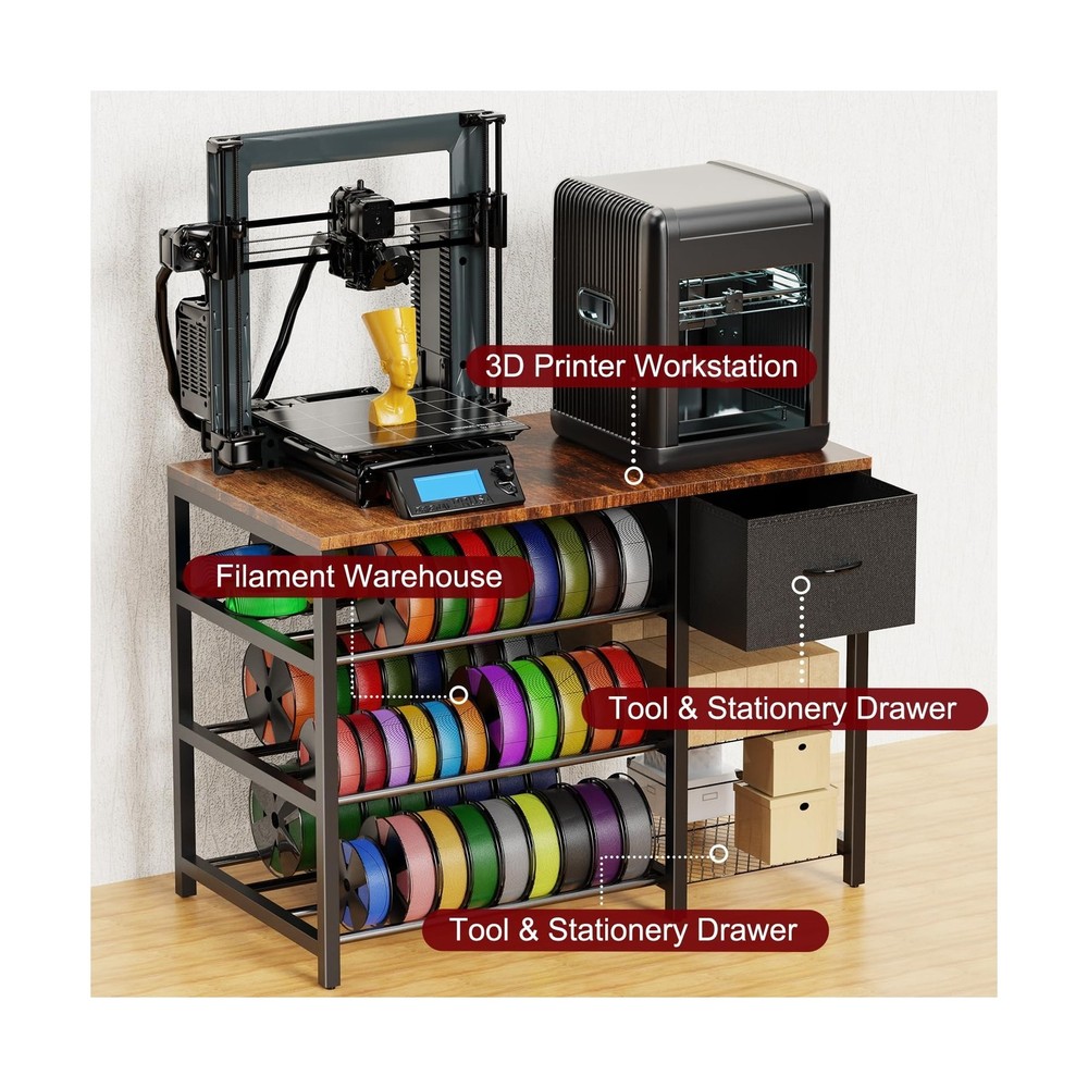 3D Printer Stand with Filament Storage Rack, 3D Printer Table with Power Outl...