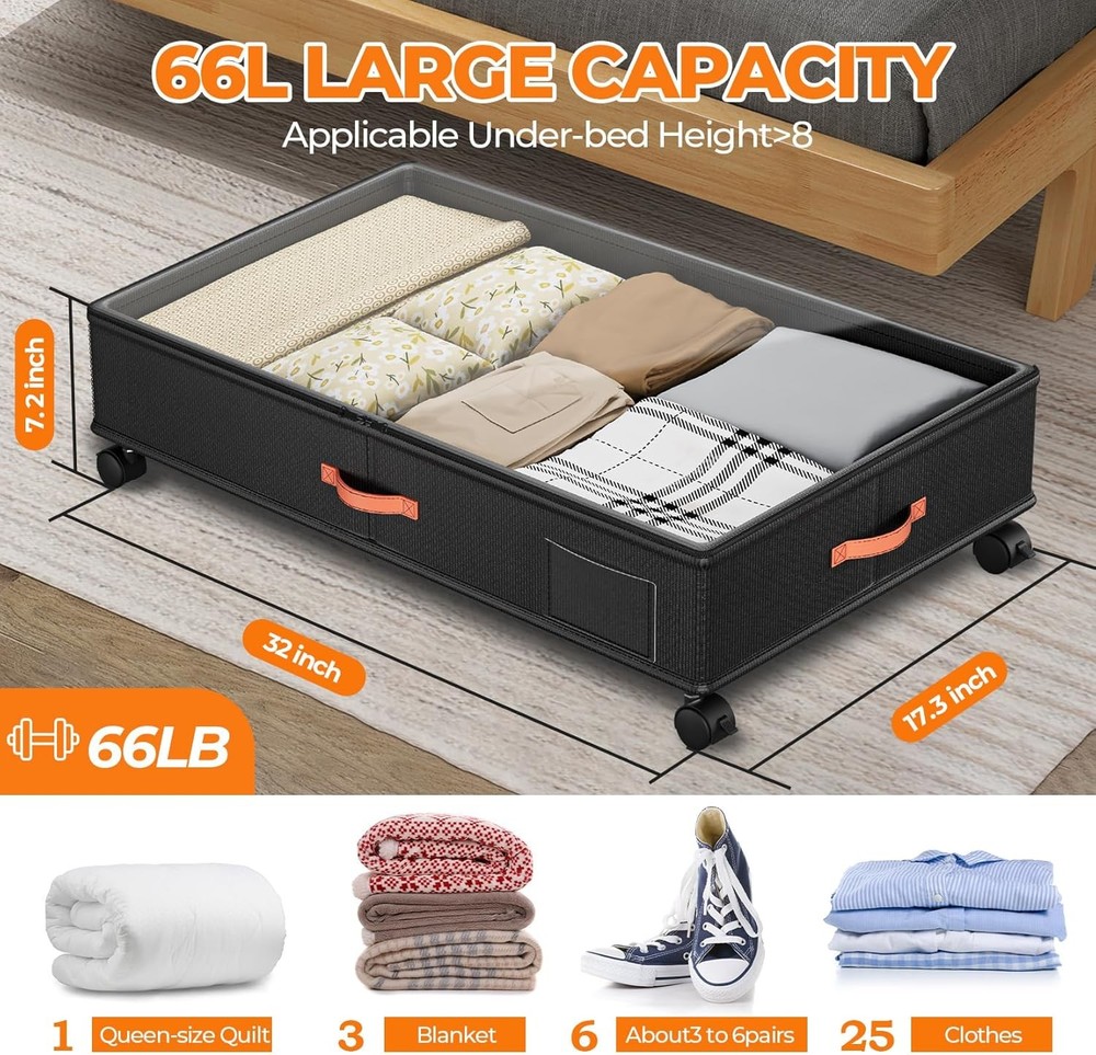 NEW.2-Piece Clear Lid Under-Bed Storage Box Set, Black