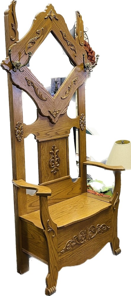 Vintage Oak Hall Tree With Bench & Coat Hangers
