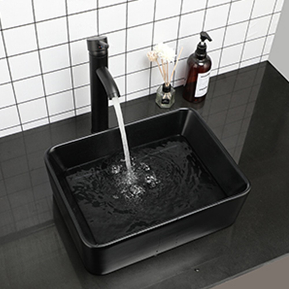 US Black Ceramic Bathroom Vessel Sink Rectangular Mixer Deck Mount Tap Set Drain
