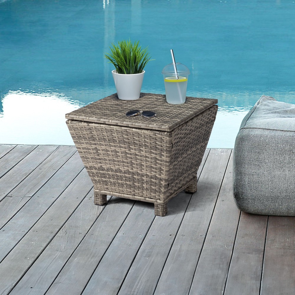 Outdoor PE Wicker Side Table with Storage, Small Patio Storage Bin
