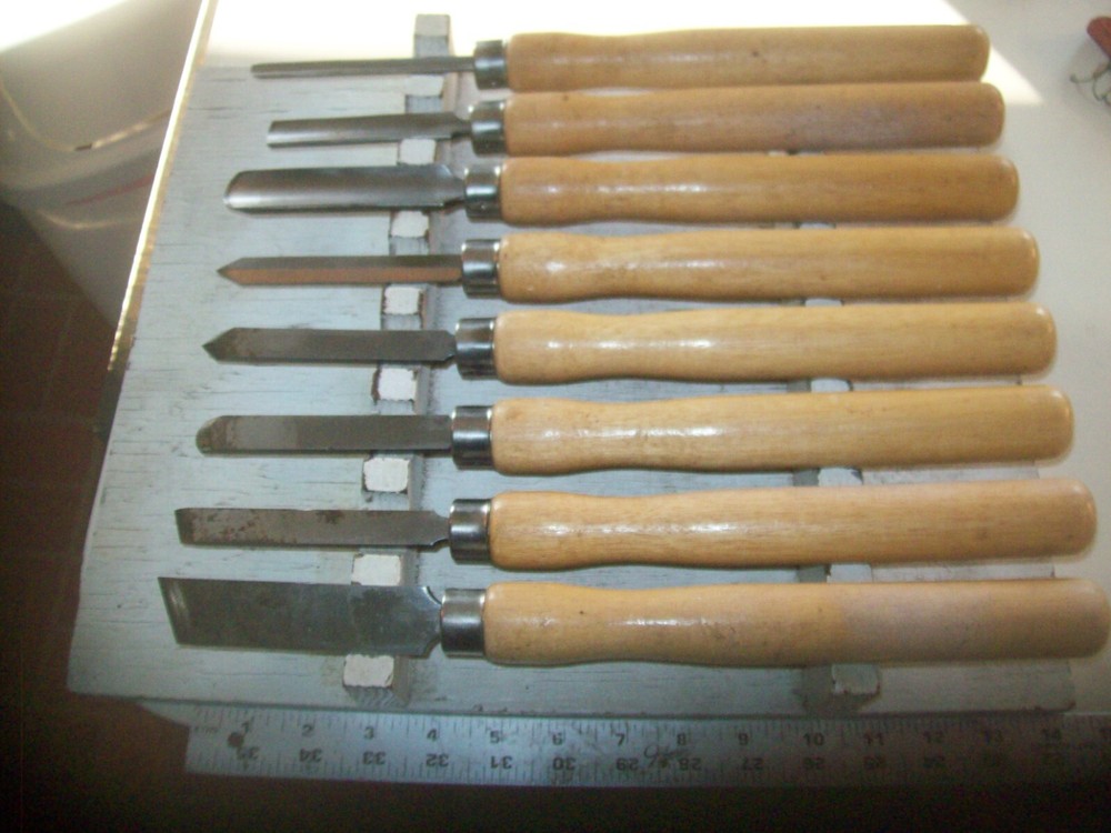 Set of 8 Vintage Unmarked Heavy Wood Turning Chisels about 14" Long 3 gouges +